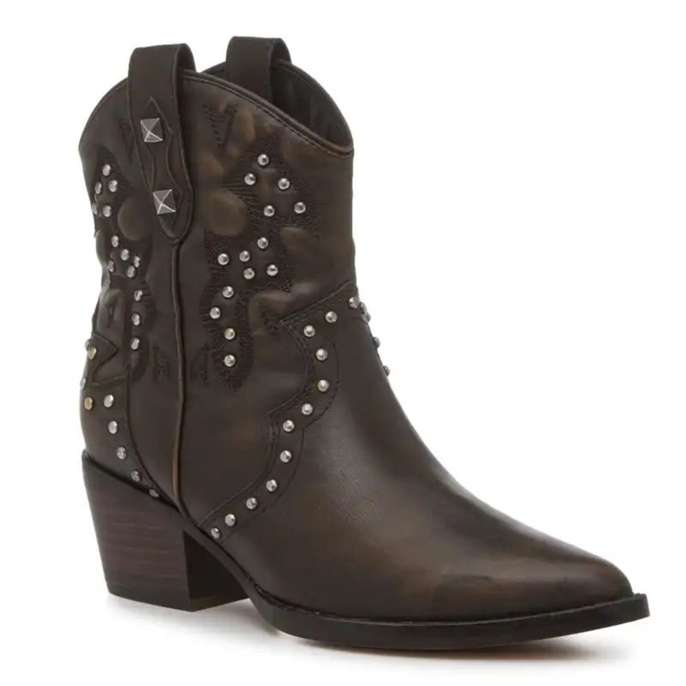 B-52 by Bullboxer Womens Studded Western Ankle Boots Brown Embroidered Booties
